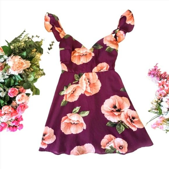 Lulus Women's Floral Ruffle Strap Fit & Flare Mini Formal Dress Burgundy Medium - Picture 2 of 16